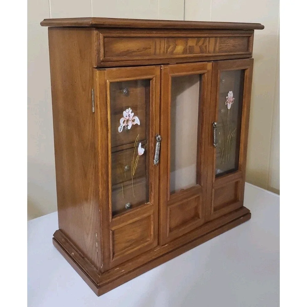 Vtg Tall Jewelry Box With 6 Drawers Mirror Cabinet Hangers Ring & Earring Holder